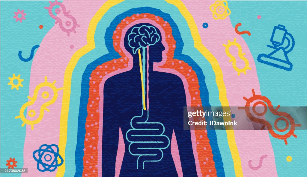 Brain Gut Connection abstract Health and Science concept with silhouette of human with brain and intestine surrounded by gut bacterium and science elements