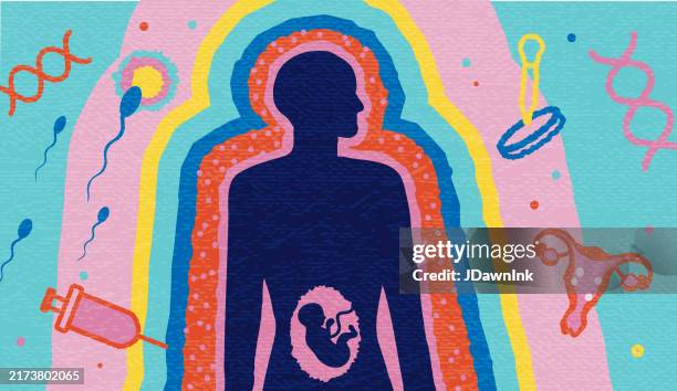 in vitro fertilization abstract healthcare and science fertility concept with silhouette of pregnancy fertility and science elements - artificial insemination stock illustrations