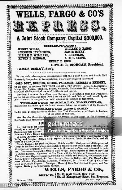 Wells, Fargo & Co. Poster advertising the company's services, October 1852.