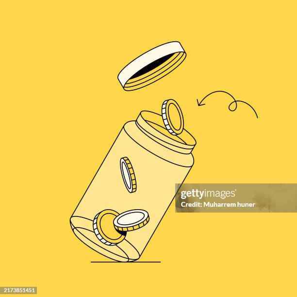 illustrazioni stock, clip art, cartoni animati e icone di tendenza di illustrazione vettoriale del concetto di risparmio di denaro. monete messe nell'illustrazione del barattolo. - moneta