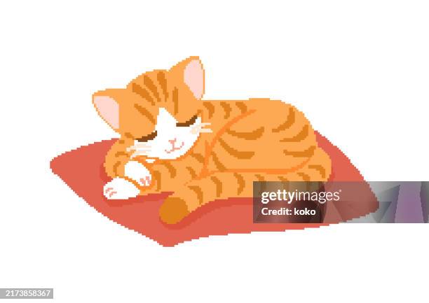 yellow cute striped cat sleeping curled on rug. pixel art. - fur rug stock illustrations