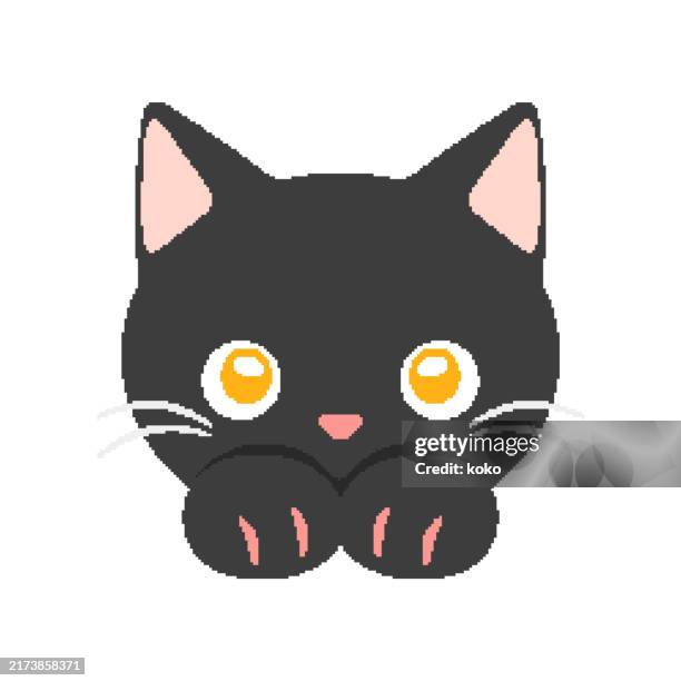 black cute cat face and forefeet. pixel art. - pixelated eye stock illustrations