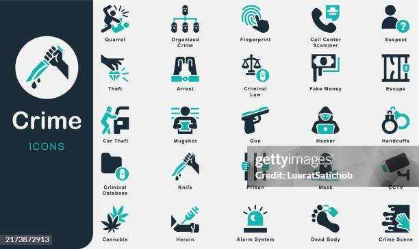 illustrations, cliparts, dessins animés et icônes de collection d’icônes solides du crime. contenant vol, violence, danger, dangers sociaux, masque, menottes, prison, couteau, empreinte digitale, scène de crime, arme à feu, vol de voiture, fausse monnaie, système d’alarme, police, actualités, sos - malfaiteur