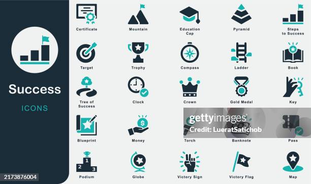 success solid icons collection. containing award, trophy, medal, crown, winners podium, congratulating, certificate, laurel wreath, book, compass, money, map, certificate, victory sign, infographic - trophy stock illustrations