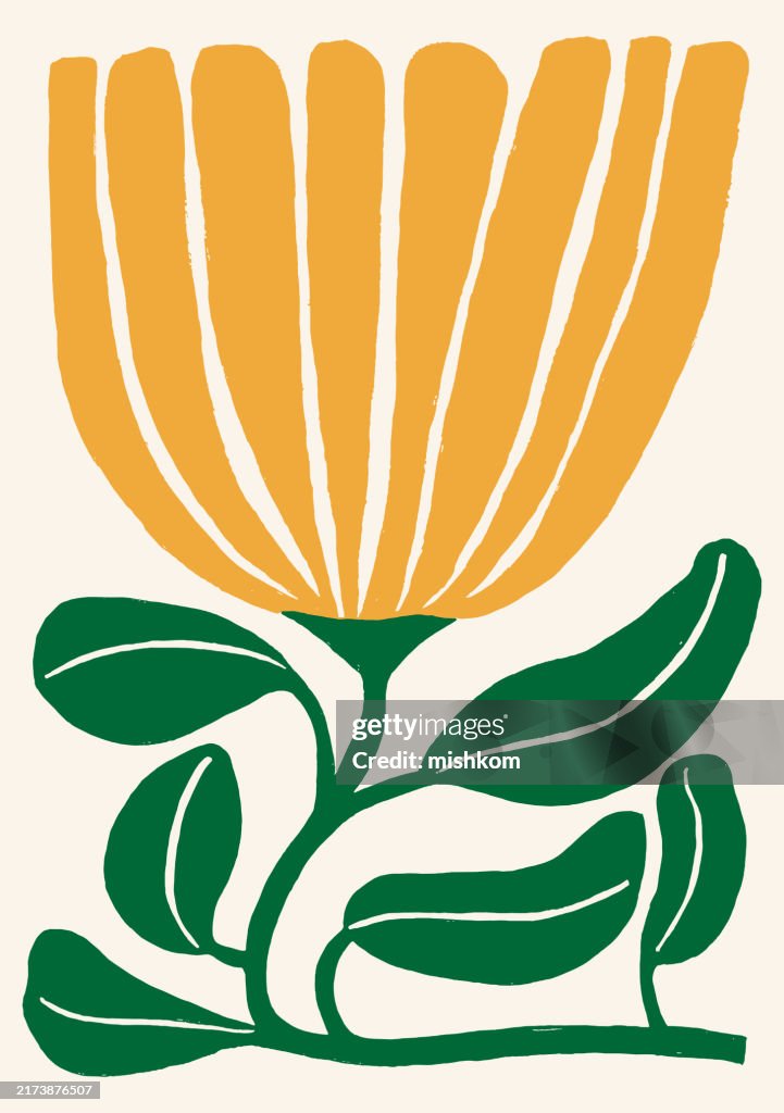 Painted Abstract Groovy Modern Flower and Leaves