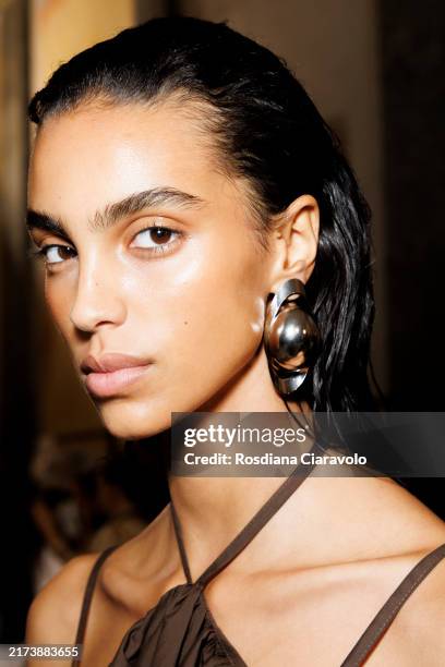 Model is seen backstage at the Andreadamo fashion show during the Milan Womenswear Spring/Summer 2025 on September 22, 2024 in Milan, Italy.