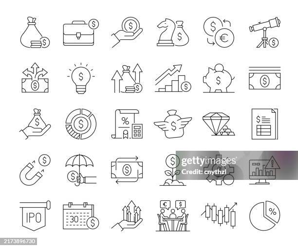 ilustrações de stock, clip art, desenhos animados e ícones de finance line icon set. investment, loan, money, assets - taxa de câmbio