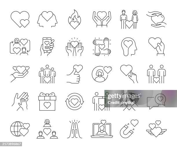 friendship and relationship line icon set. people, empathy, help, connection, togetherness - romantic couple hugging stock illustrations