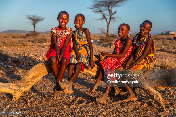 group of happy african children from samburu tribe, kenya, africa - wildlife reserve stock pictures, royalty-free photos & images