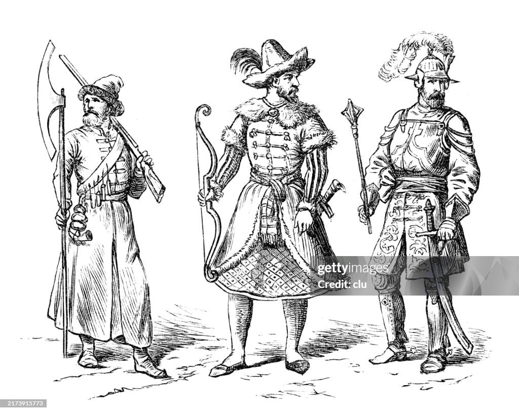 Traditional historical dress, 15th and 16th century, Russian warriors