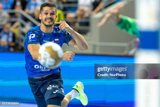 Lovro Mihic is playing during the EHF Champions League Men match between Orlen Wisla Plock and Paris Saint-Germain in Plock, Poland on September 26,...