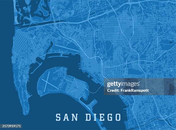 ilustrações de stock, clip art, desenhos animados e ícones de san diego ca city vector road map blue horizontal - san diego