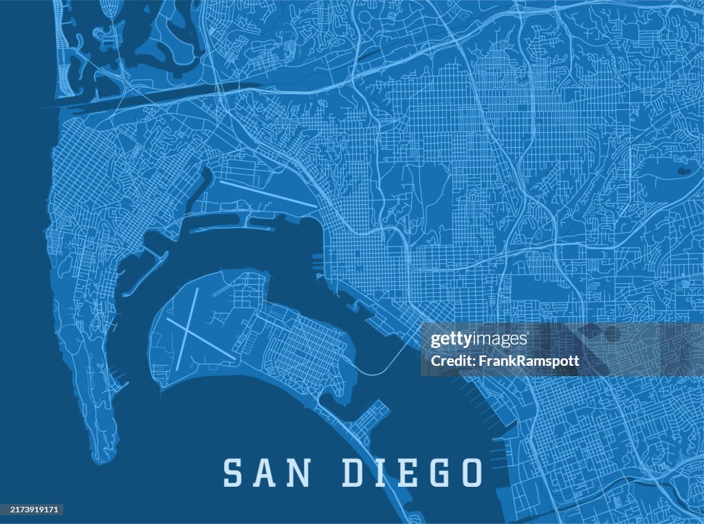 San Diego CA City Vector Road Map Blue Horizontal