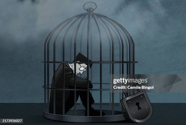 ilustraciones, imágenes clip art, dibujos animados e iconos de stock de hombre de negocios en la jaula de los pájaros - sin esperanza