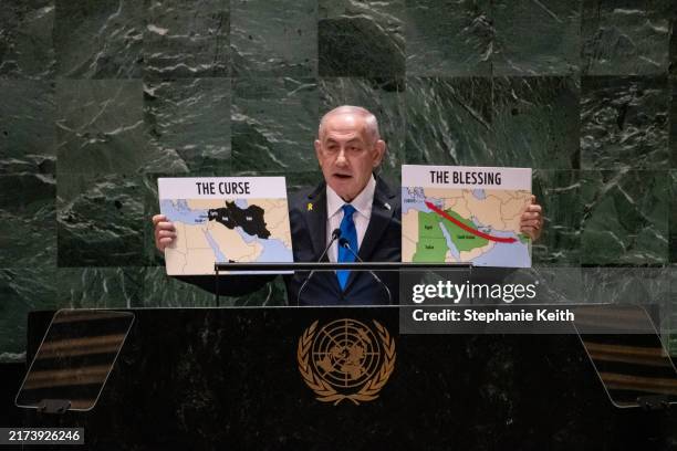 Israeli Prime Minister Benjamin Netanyahu speaks during the United Nations General Assembly at the United Nations headquarters on September 27, 2024...