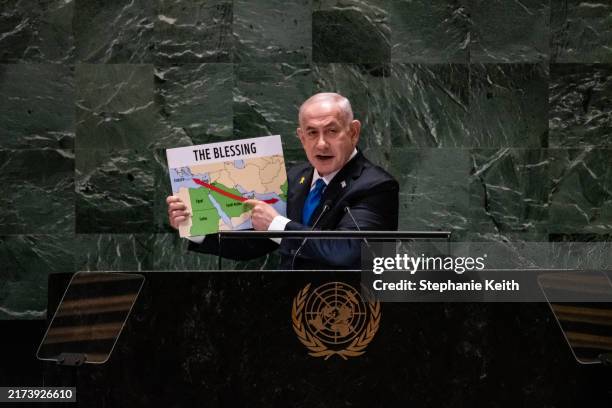 Israeli Prime Minister Benjamin Netanyahu speaks during the United Nations General Assembly at the United Nations headquarters on September 27, 2024...