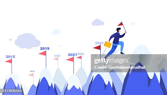 Milestone or achievement tracking, Workflow or working process, project progress, work experience or roadmap concept, businessman Jumping on Mountain with achievement flag milestones. Milestone or achievement tracking, Workflow or working process, project progress, work experience or roadmap concept, businessman Jumping on Mountain with achievement flag milestones.