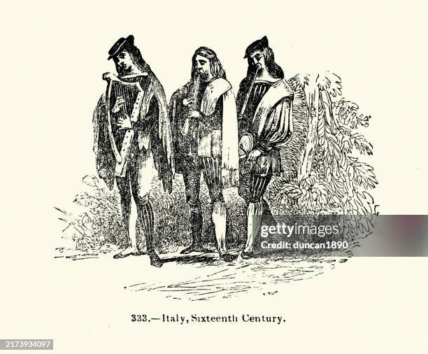 illustrazioni stock, clip art, cartoni animati e icone di tendenza di storia della moda, costume medievale, menestrello errante italiano, 16 ° secolo, illustrazione d'epoca - menestrello-persona