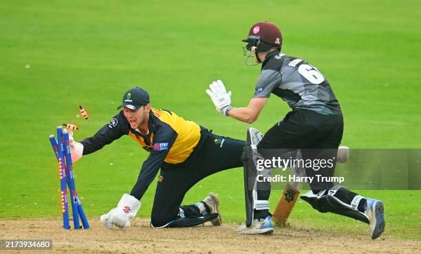Will Smale of Glamorgan attempts to run out Archie Vaughan of Somerset during the Metro Bank One Day Cup Final match between Somerset and Glamorgan...