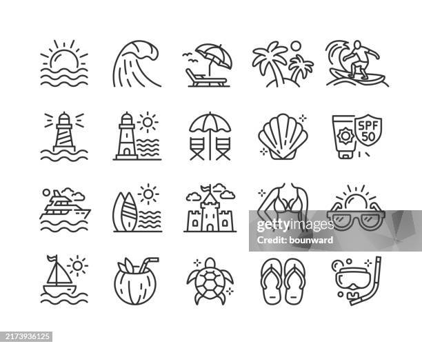 sommer- und reiselinien-ikonen. pixel perfekt. bearbeitbarer strich. - beach stock-grafiken, -clipart, -cartoons und -symbole