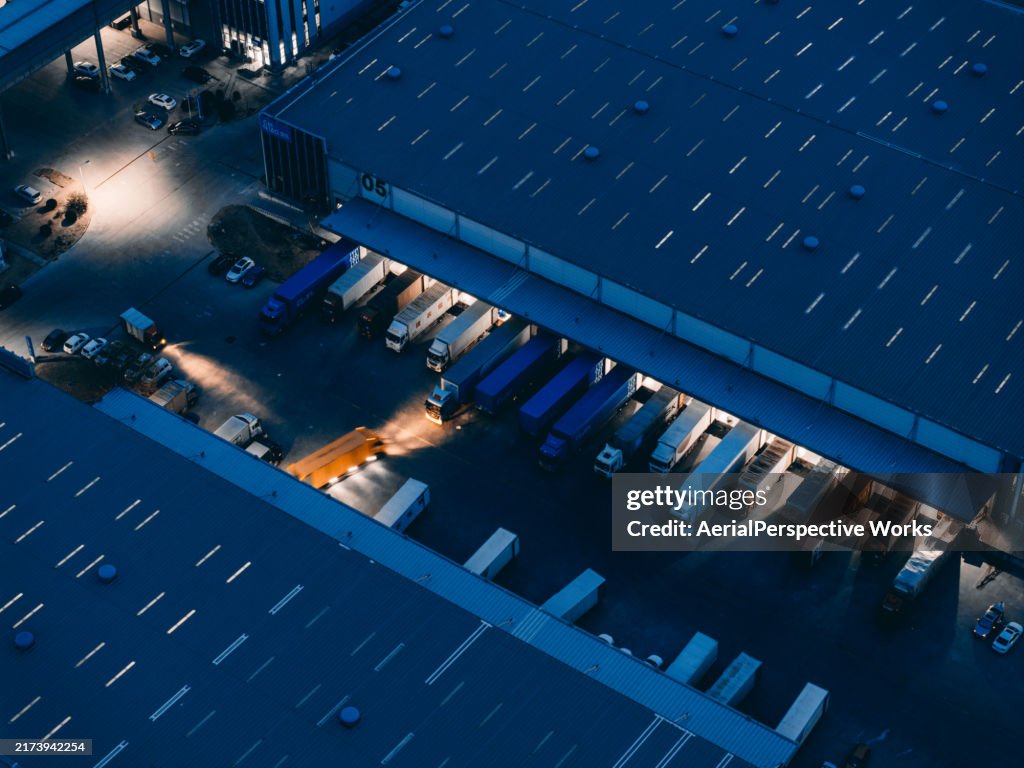 Aerial View of the Logistics and Distribution Center at Night