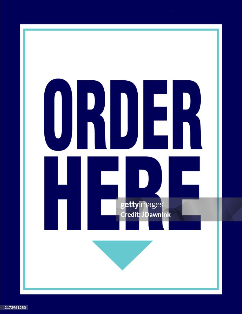 Order Here With Arrow Store Sign Design With On White And Dark Blue ...
