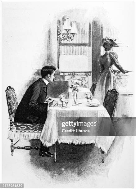 antique image: couple dining - fancy dinner table stock illustrations