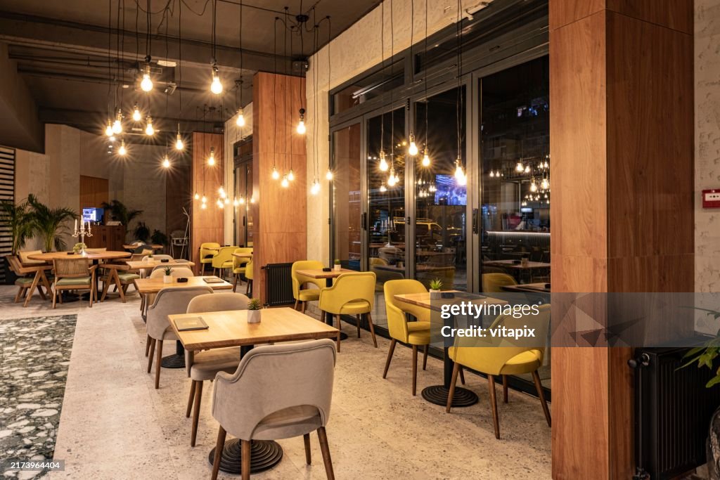 Interior Of A Modern Restaurant At Night High-Res Stock Photo - Getty ...