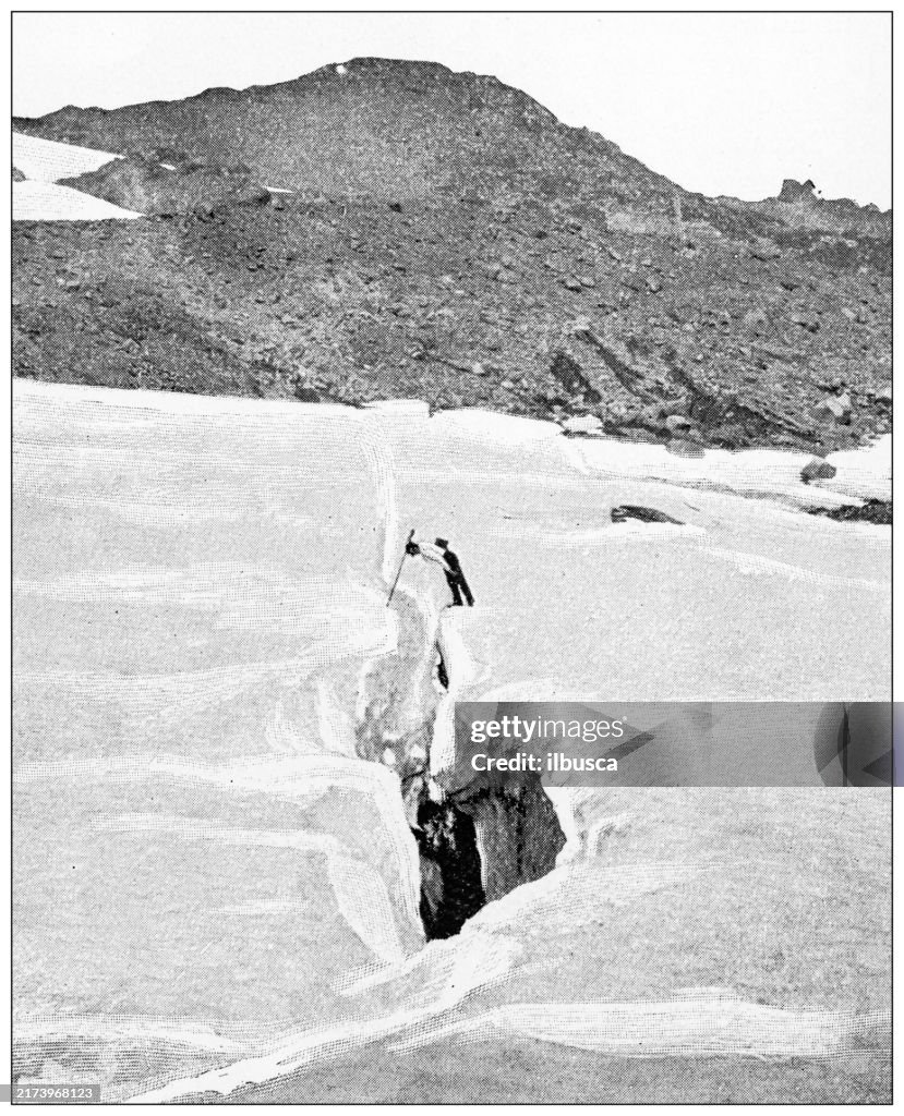 Antique image: Mountain climbing on Mount Hood, crevasse