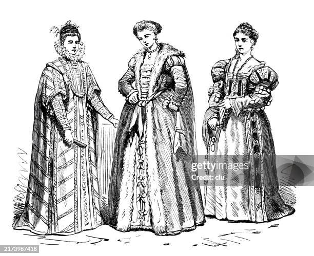 ilustraciones, imágenes clip art, dibujos animados e iconos de stock de trajes de estilo español en italia, 1550-1600, tres duquesas - europeo del sur