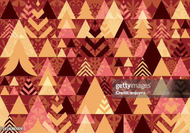 seamless red triangle textured christmas trees and snowflakes pattern wallpaper design - fall seamless patterns stock illustrations