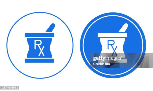 illustrazioni stock, clip art, cartoni animati e icone di tendenza di mortaio e pestello rx farmacia farmacia simbolo icona icona elemento di design - mortaio con pestello