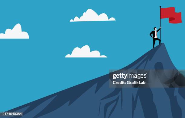 stockillustraties, clipart, cartoons en iconen met businessman achieving success at mountain summit - bovenop