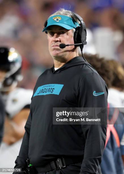Head coach Doug Pederson of the Jacksonville Jaguars looks on during the first quarter against the Buffalo Bills at Highmark Stadium on September 23,...