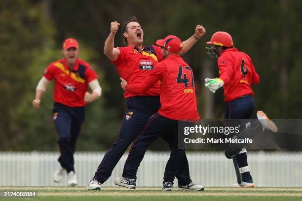 Ben Manenti of South Australia celebrates with team mates after taking the wicket of Bryce Jackson of West Australia to win the match during the ODC...