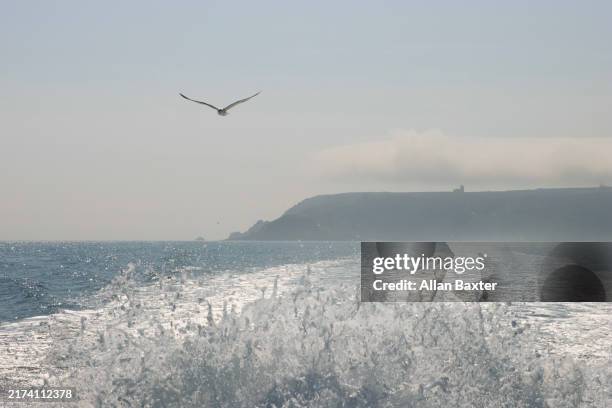 lundy island in the bristol channel from boat - lundy island stock pictures, royalty-free photos & images