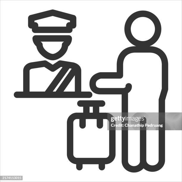 check in line vector icon on white background. editable stroke. pixel perfect. for mobile and web. outline vector graphics. stock illustration travel, reception - airport security agent stock illustrations
