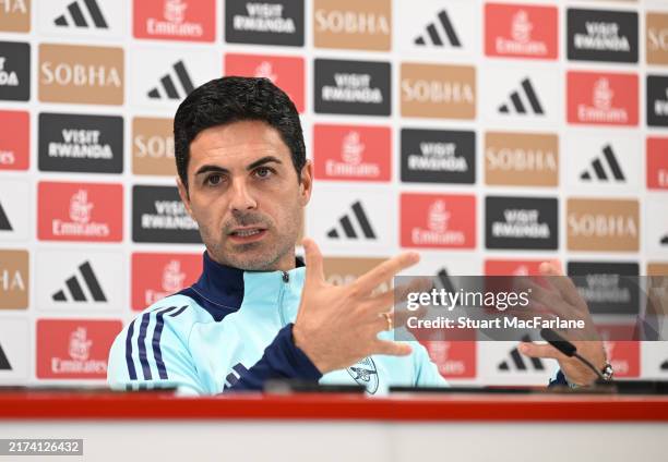 Arsenal manager Mikel Arteta attends a press conference at Sobha Realty Training Centre on September 24, 2024 in London Colney, England.