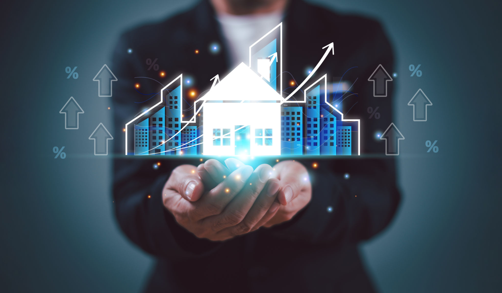 Real estate investment concept. Succession business agent, home insurance service, broker offer financial. Tax interest rate, property value growth. Man hold estate market, home loan mortgage icon Real estate investment concept. Succession business agent, home insurance service, broker offer financial. Tax interest rate, property value growth. Man hold estate market, home loan mortgage icon