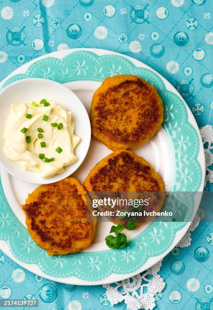 carrot fritters with mayonnaise sauce. - cutlet stock pictures, royalty-free photos & images