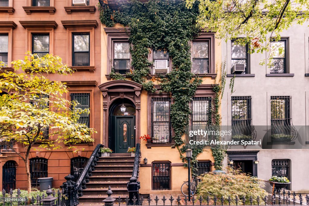 Brownstone row houses in Park Slope, Brooklyn, New York City, USA