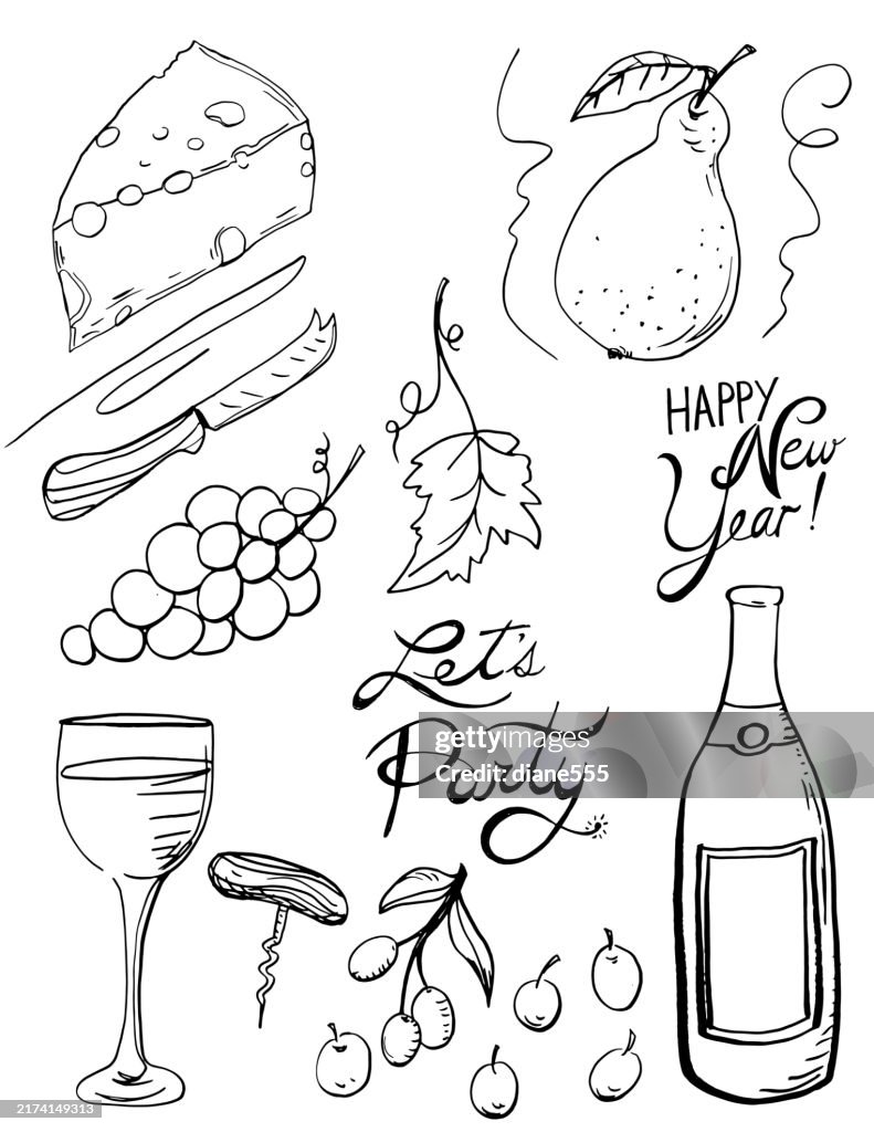 Hand Drawn Wine, Cheese & Party Foods Line Art On A Transparent Background