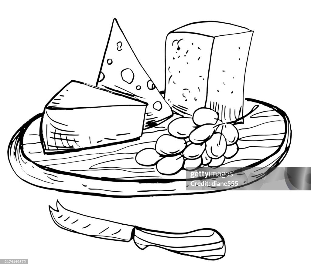 Hand Drawn Cheese Board Line Art On A Transparent Background