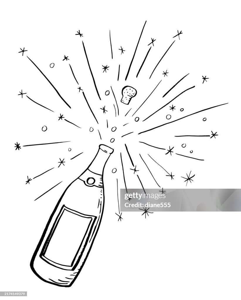 Handgezeichnete Champagner-Linienkunst auf einem transparenten Hintergrund