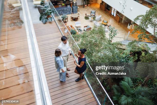 diverse executives networking in office corridor - lobby bildbanksfoton och bilder