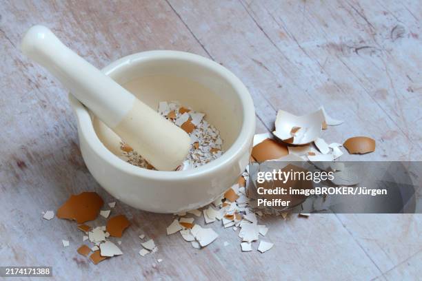 broken eggshells crushed with mortar - egg shell pieces stock pictures, royalty-free photos & images