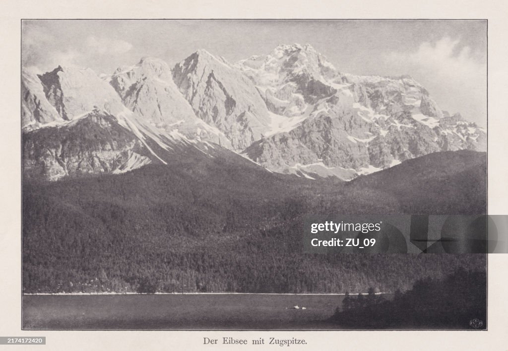 Eibsee and Zugspitze, Bavaria, Germany, halftone print, published in 1900