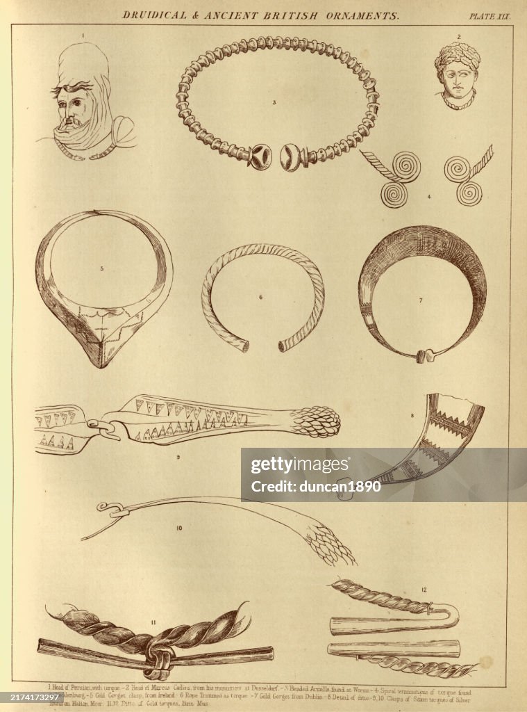 Ejemplos de Druídico antiguo y Britsh, celta, ornamentos, Torc, Gorget, broche, ilustración vintage