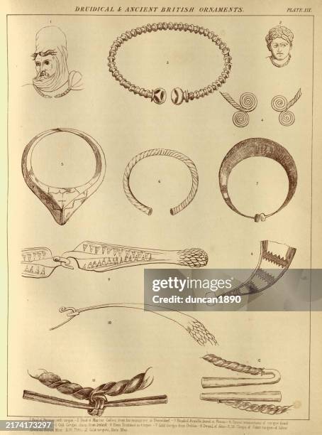 examples of ancient druidical and britsh, celtic, ornaments, torc, gorget, clasp, vintage illustration - celtic torque stock illustrations