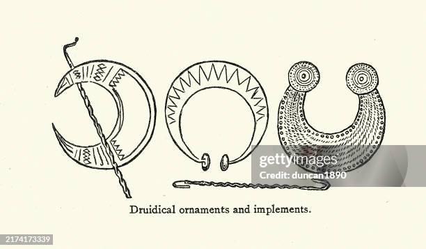 examples of ancient druidical ornaments, crescent moon brooch, vintage illustration - druidism stock illustrations